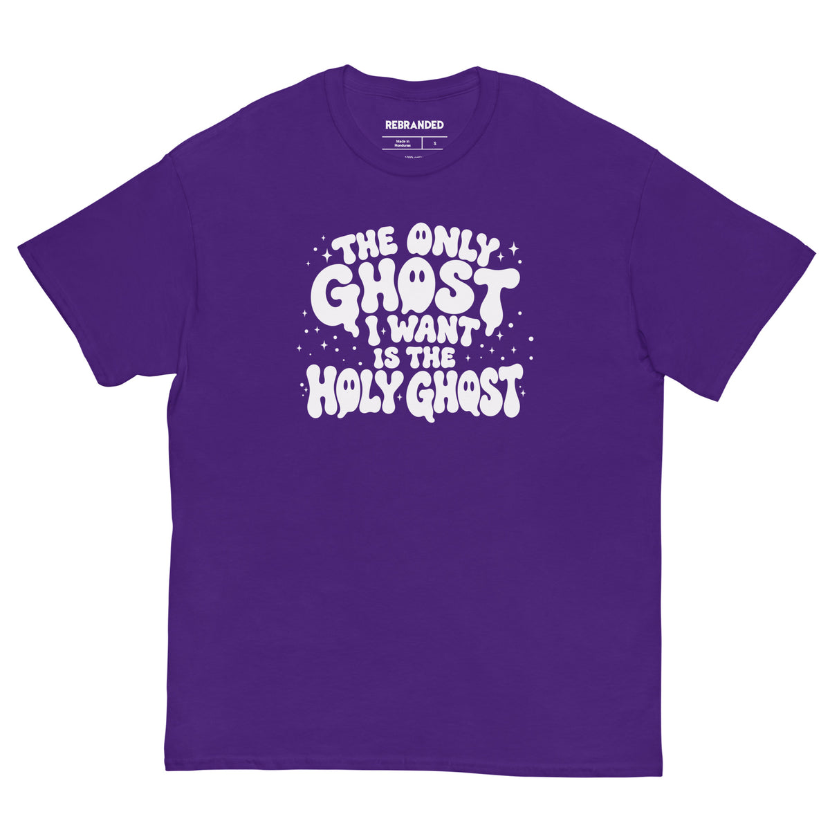 Purple Christian Halloween graphic tee with white “The Only Ghost I Want Is The Holy Ghost” front design.